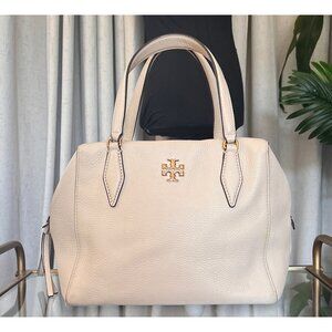 Tory Burch Ivory Pebbled Leather Satchel Bag With Gold Logo & Dual Handles